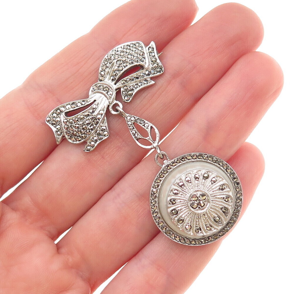Kimler & Daniel Sterling Antique Art Deco Real MOP Marcasite Bow Locket Brooch